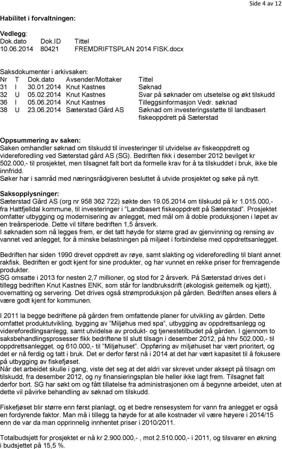 2014 Knut Kastnes Tilleggsinformasjon Vedr. søknad 38 U 23.06.