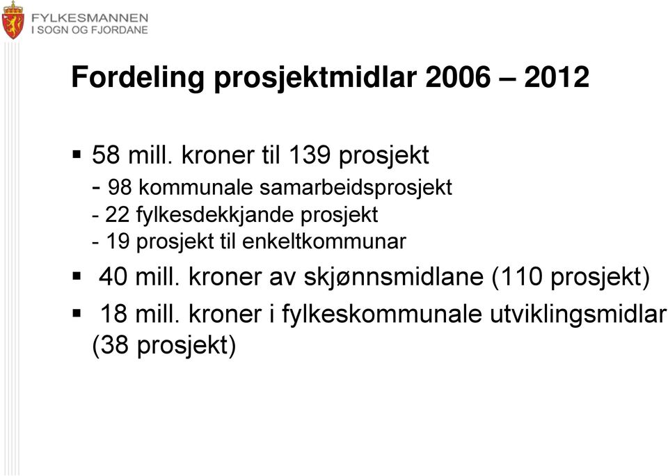 fylkesdekkjande prosjekt - 19 prosjekt til enkeltkommunar 40 mill.