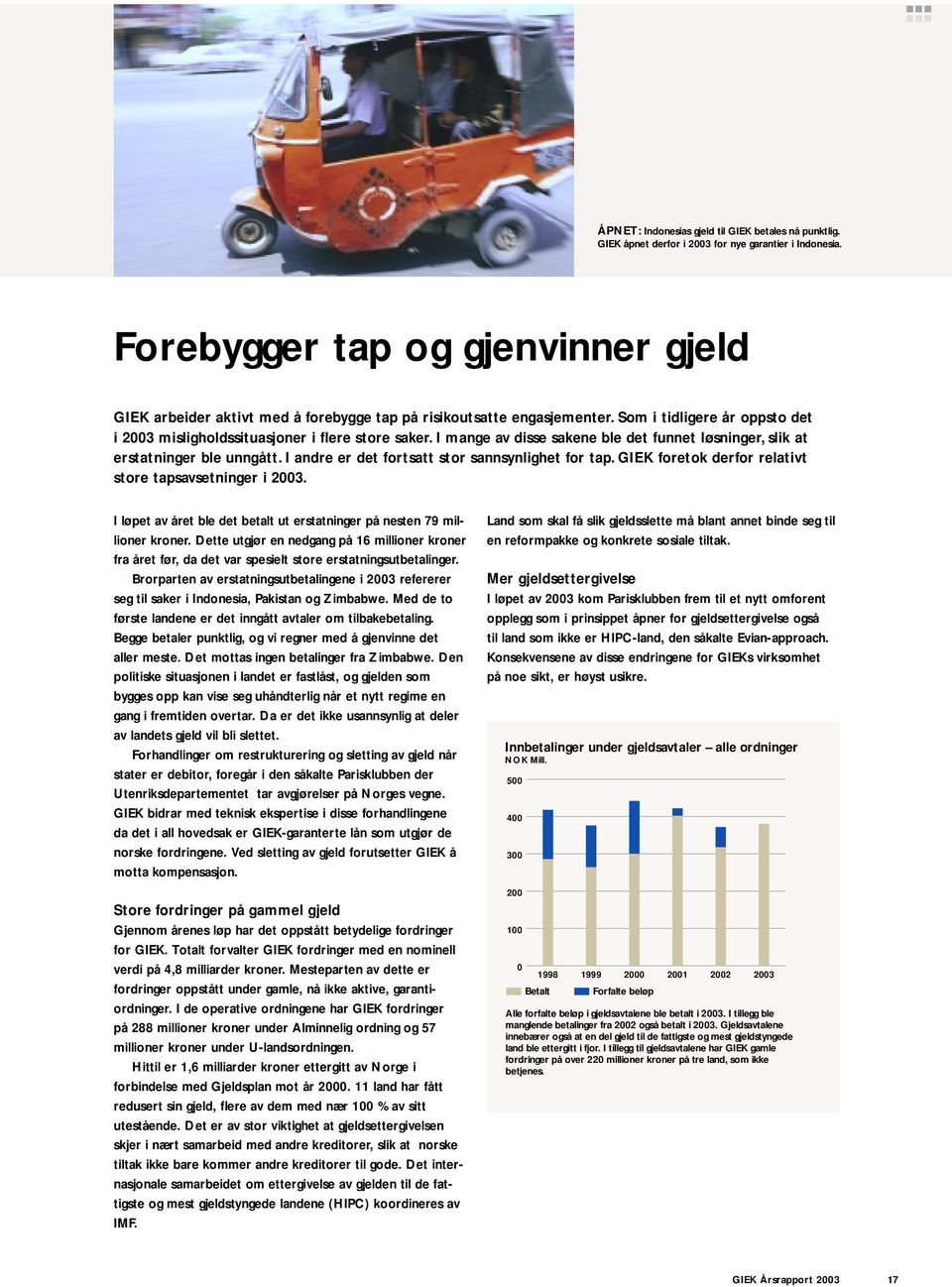 I mange av disse sakene ble det funnet løsninger, slik at erstatninger ble unngått. I andre er det fortsatt stor sannsynlighet for tap. GIEK foretok derfor relativt store tapsavsetninger i 2003.