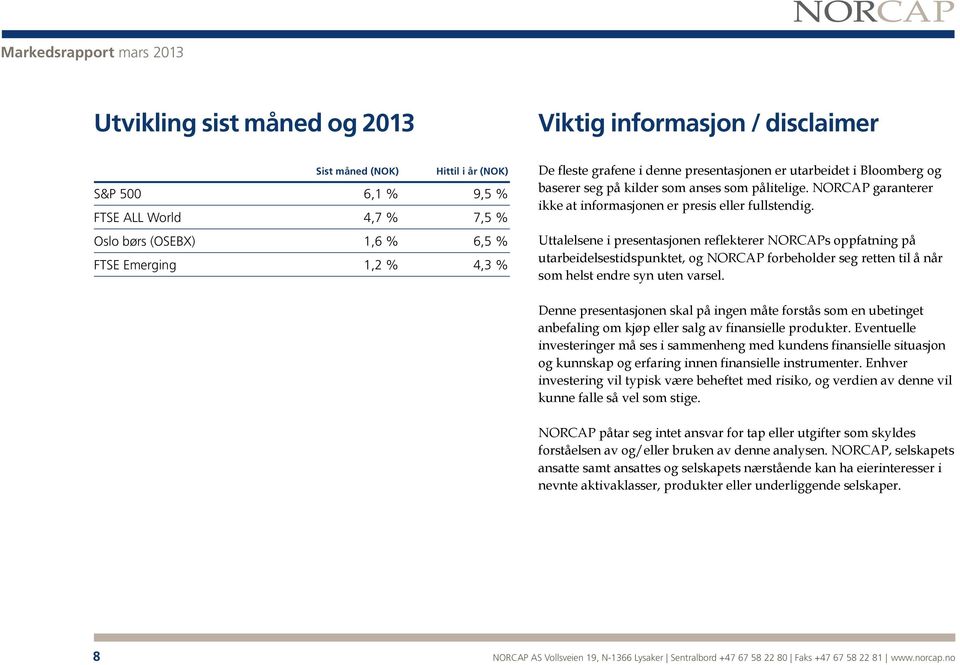 Uttalelsene i presentasjonen reflekterer NORCAPs oppfatning på utarbeidelsestidspunktet, og NORCAP forbeholder seg retten til å når som helst endre syn uten varsel.