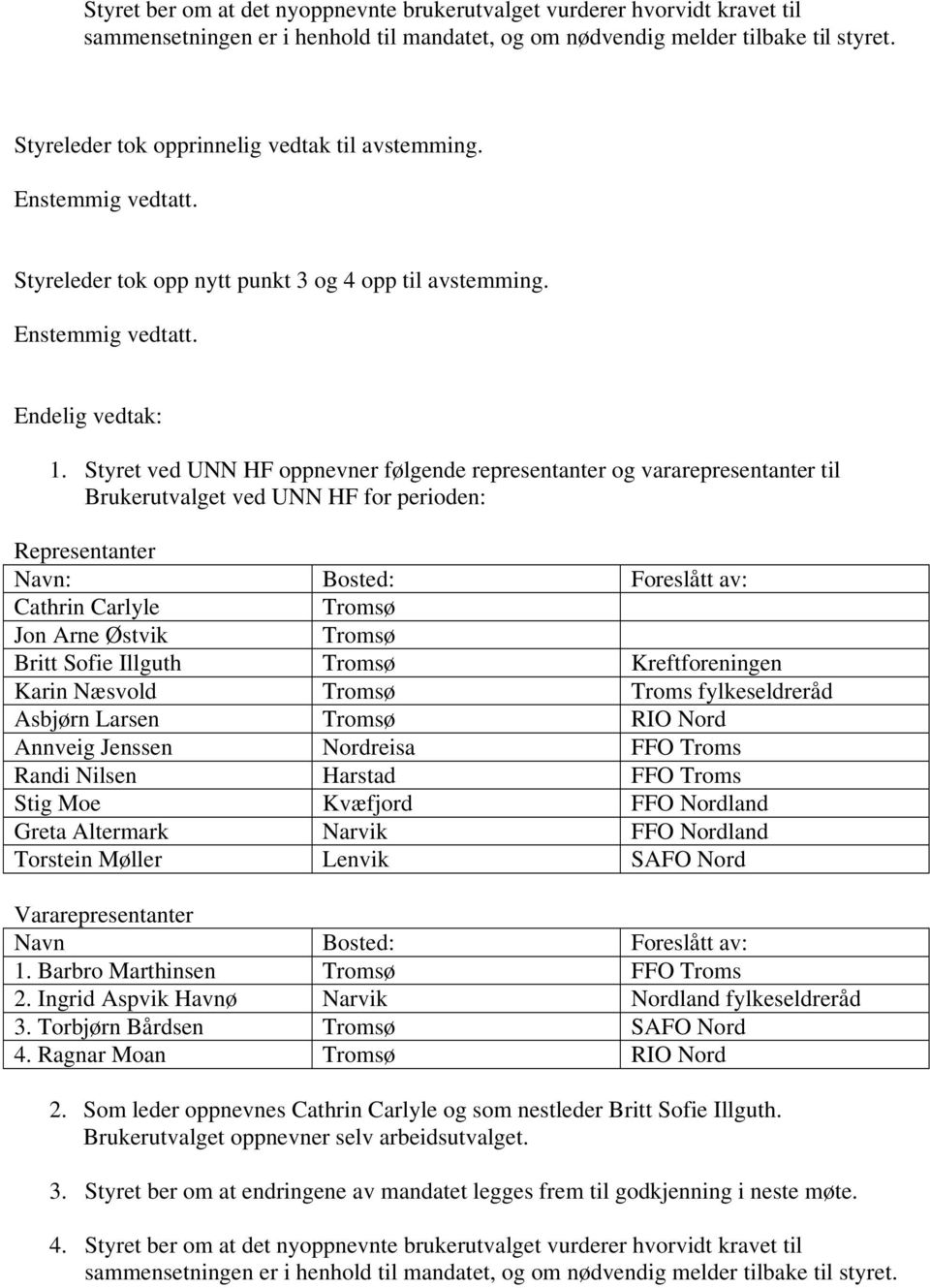 Styret ved UNN HF oppnevner følgende representanter og vararepresentanter til Brukerutvalget ved UNN HF for perioden: Representanter Navn: Bosted: Foreslått av: Cathrin Carlyle Tromsø Jon Arne Østvik