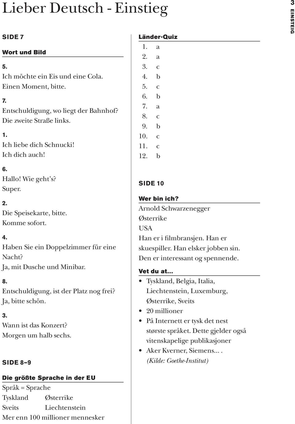 Ja, mit Dusche und Minibar. 8. Entschuldigung, ist der Platz nog frei? Ja, bitte schön. 3. Wann ist das Konzert? Morgen um halb sechs. SIDE 8 9 SIDE 10 Wer bin ich?