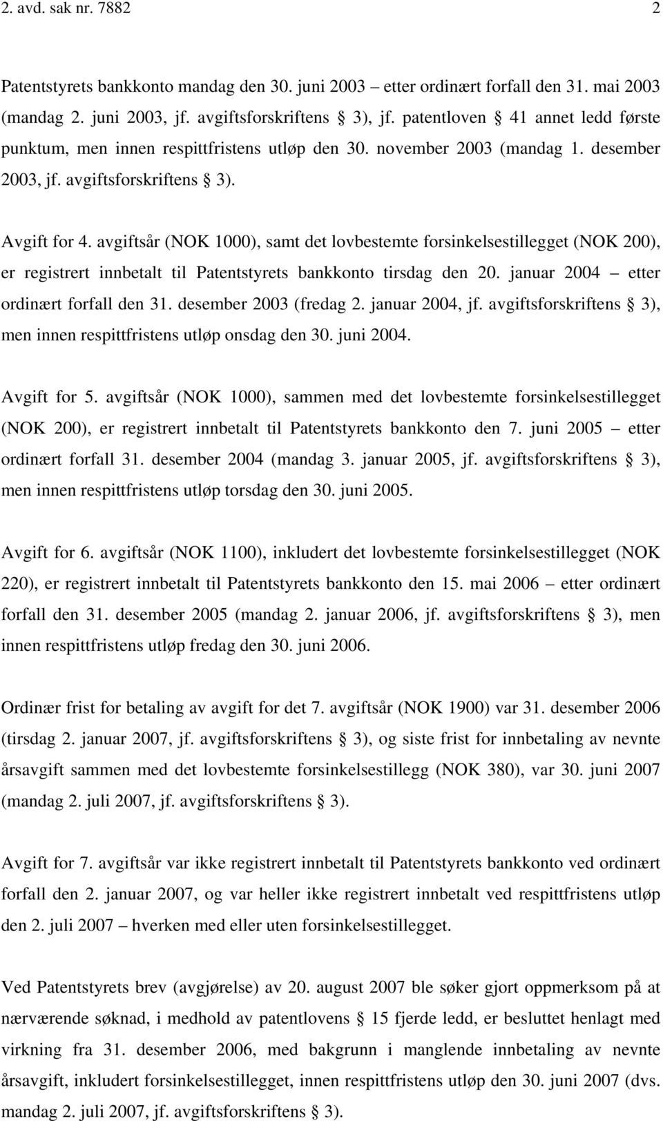 avgiftsår (NOK 1000), samt det lovbestemte forsinkelsestillegget (NOK 200), er registrert innbetalt til Patentstyrets bankkonto tirsdag den 20. januar 2004 etter ordinært forfall den 31.