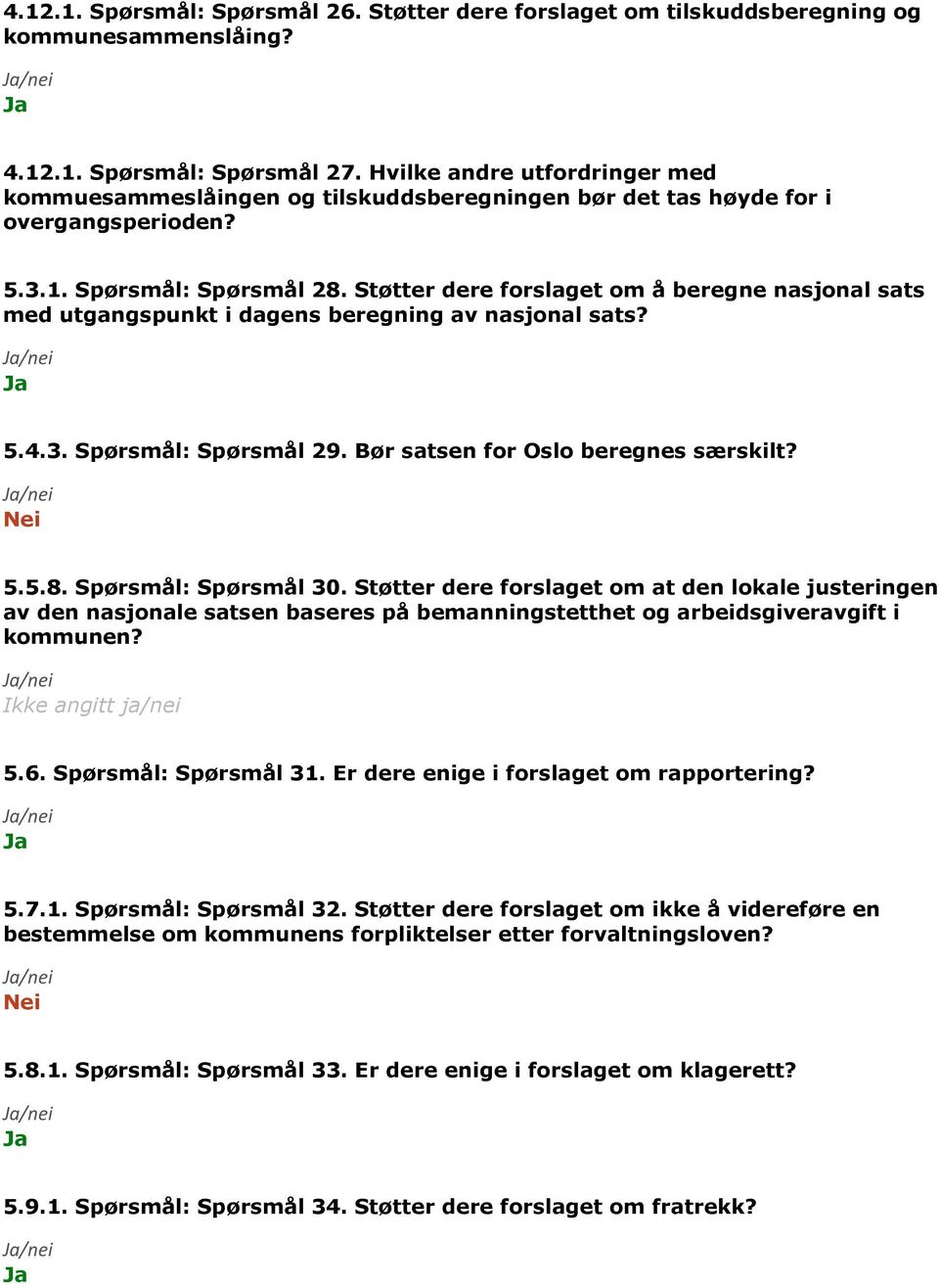 Støtter dere forslaget om å beregne nasjonal sats med utgangspunkt i dagens beregning av nasjonal sats? 5.4.3. Spørsmål: Spørsmål 29. Bør satsen for Oslo beregnes særskilt? Nei 5.5.8.