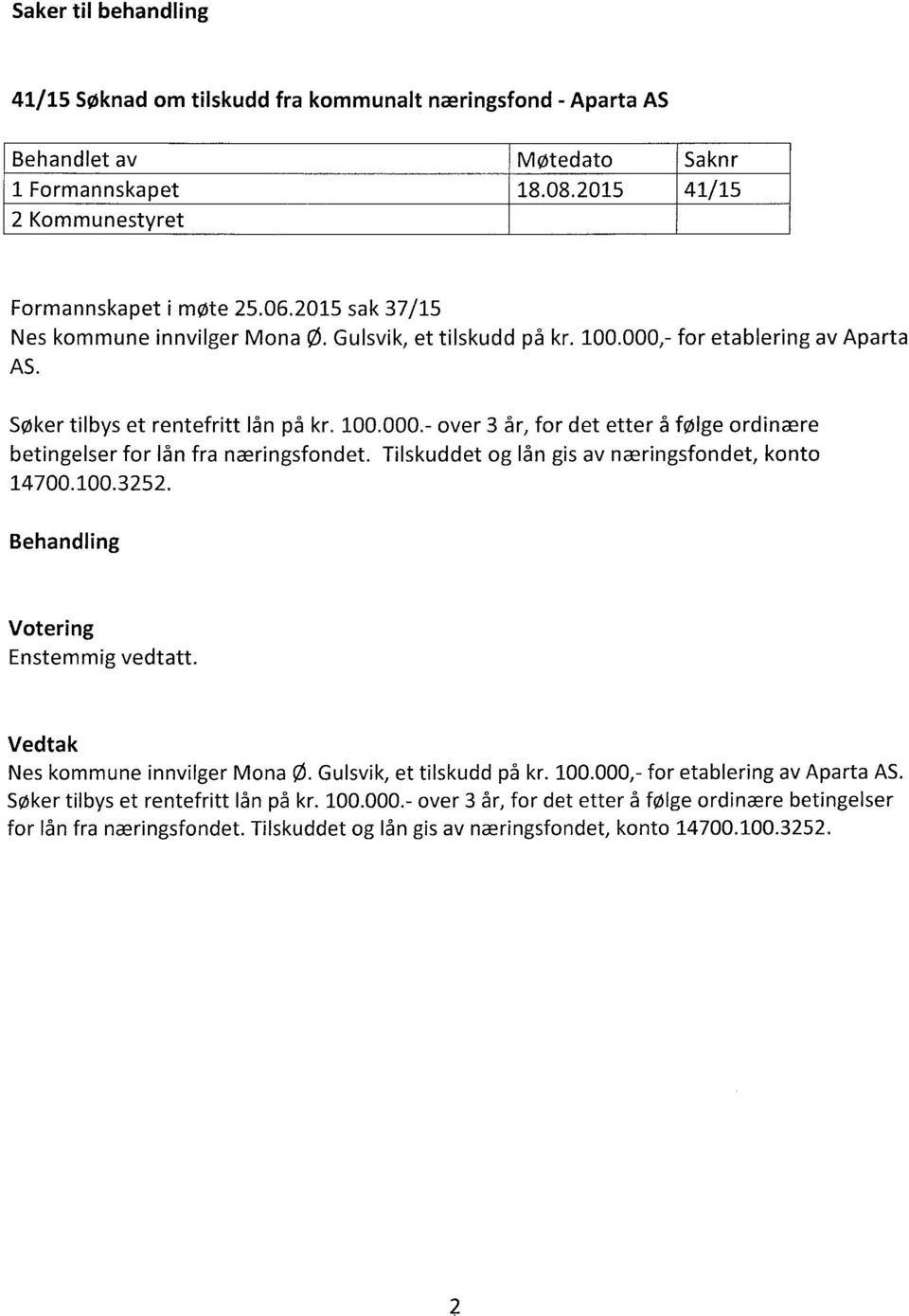 Tilskuddet og lån gis av næringsfondet, konto 14700.100.3252. Nes kommune innvilger Mona 0. Gulsvik, et tilskudd på kr. 100.000,- for etablering av Aparta AS.