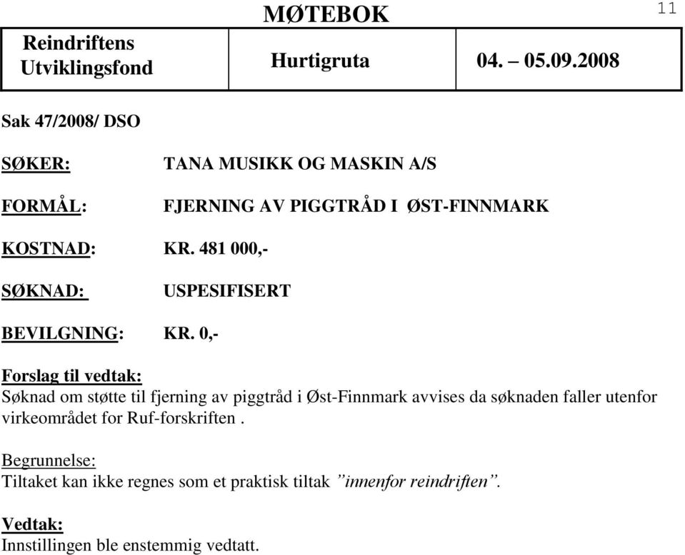 0,- Søknad om støtte til fjerning av piggtråd i Øst-Finnmark avvises da søknaden
