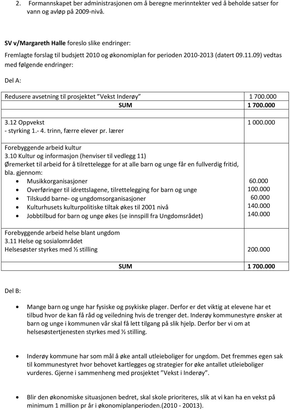 09) vedtas med følgende endringer: Del A: Redusere avsetning til prosjektet Vekst Inderøy 1 700.000 SUM 1 700.000 3.12 Oppvekst - styrking 1.- 4. trinn, færre elever pr.