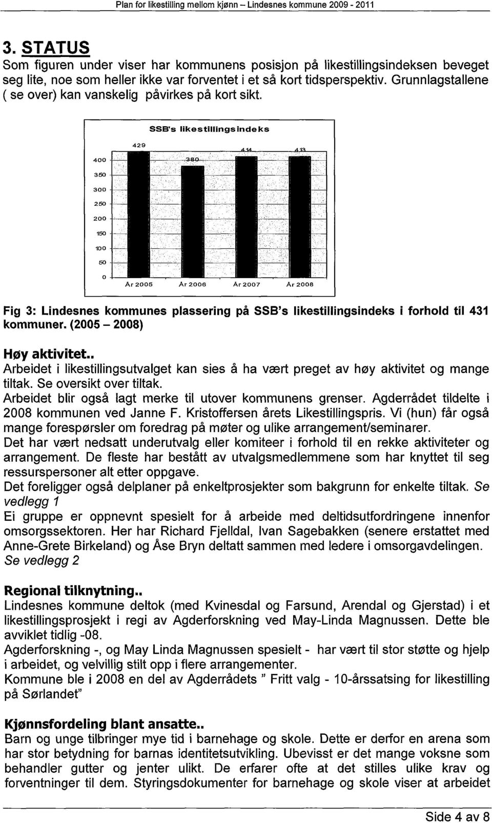 SSB's likestillingsindeks 429 400 350 300 250 200 150 100 50 0 Ar2005 Ar2008 Ar2007 Ar2008 Fig 3: Lindesnes kommunes plassering på SSB's likestillingsindeks i forhold til 431 kommuner.