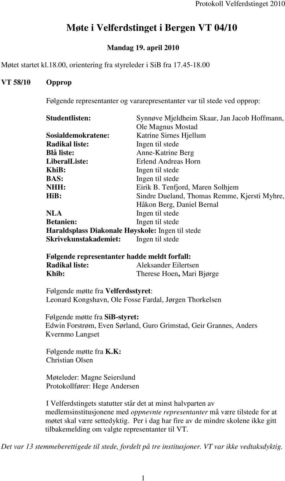 Sirnes Hjellum Radikal liste: Blå liste: Anne-Katrine Berg LiberalListe: Erlend Andreas Horn KhiB: BAS: NHH: Eirik B.
