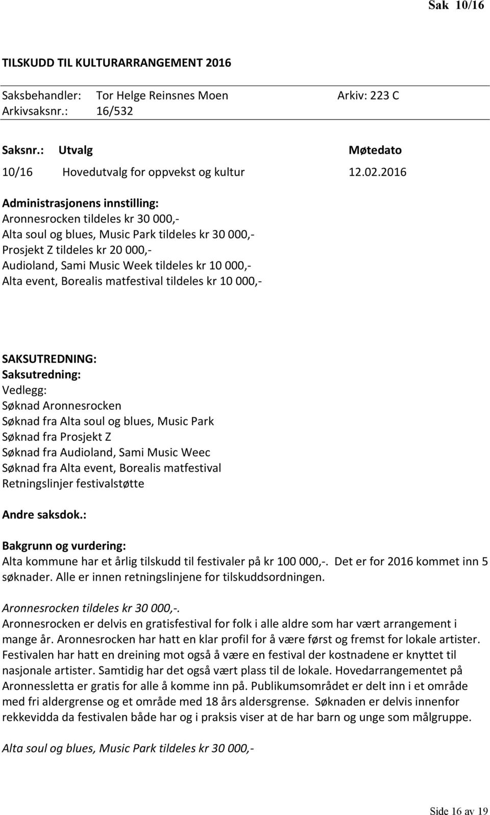 000,- Alta event, Borealis matfestival tildeles kr 10 000,- SAKSUTREDNING: Saksutredning: Vedlegg: Søknad Aronnesrocken Søknad fra Alta soul og blues, Music Park Søknad fra Prosjekt Z Søknad fra