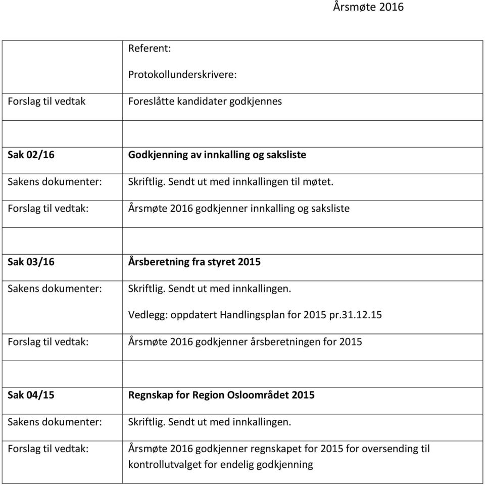 Sendt ut med innkallingen. Vedlegg: oppdatert Handlingsplan for 2015 pr.31.12.