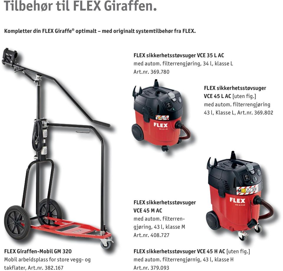 filterrengjøring, 43 l, klasse M Art.nr. 408.727 FLEX Giraffen-Mobil GM 320 Mobil arbeidsplass for store vegg- og takflater, Art.nr. 382.