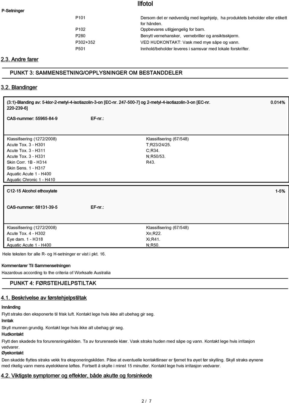 2. Blandinger (3:1)-Blanding av: 5-klor-2-metyl-4-isotiazolin-3-on [EC-nr. 247-500-7] og 2-metyl-4-isotiazolin-3-on [EC-nr. 220-239-6] 0.014% CAS-nummer: 55965-84-9 EF-nr.