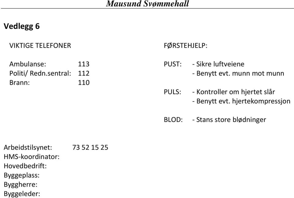 munn mot munn Brann: 110 PULS: Kontroller om hjertet slår Benytt evt.