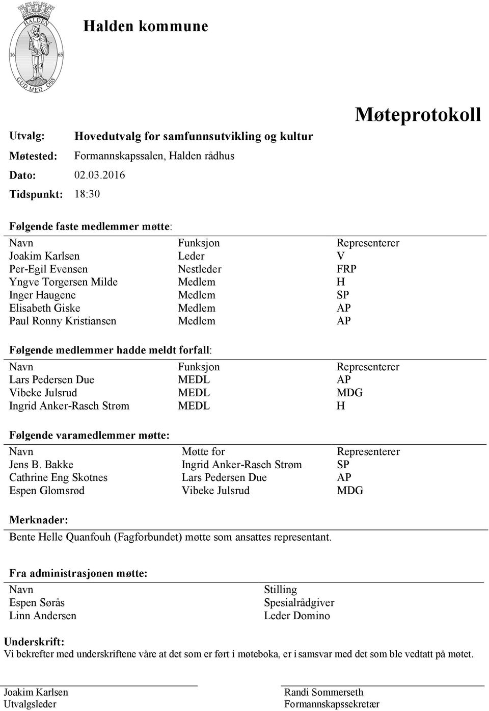 Medlem SP Elisabeth Giske Medlem AP Paul Ronny Kristiansen Medlem AP Følgende medlemmer hadde meldt forfall: Navn Funksjon Representerer Lars Pedersen Due MEDL AP Vibeke Julsrud MEDL MDG Ingrid