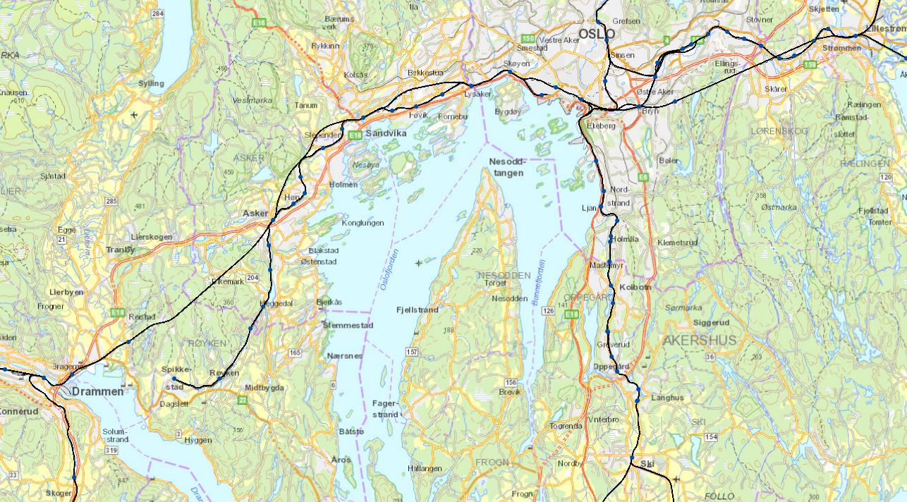 Tiltak Hvalstad?: Planskilt påkobling vestgående tog Brakerøya-Drammen: Lav hastighet og få signaler.