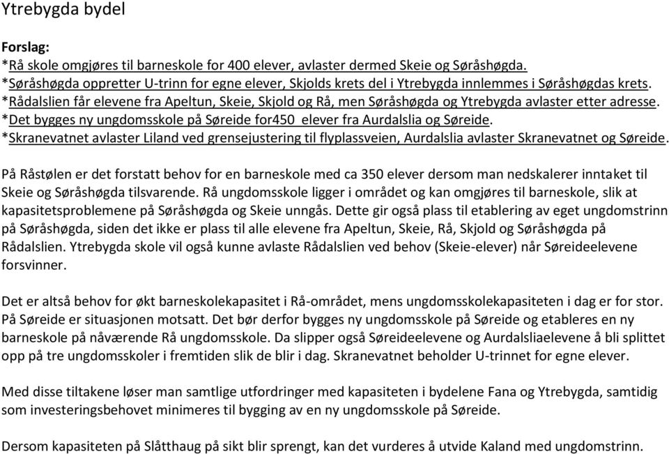 *Rådalslien får elevene fra Apeltun, Skeie, Skjold og Rå, men Søråshøgda og Ytrebygda avlaster etter adresse. *Det bygges ny ungdomsskole på Søreide for450 elever fra Aurdalslia og Søreide.