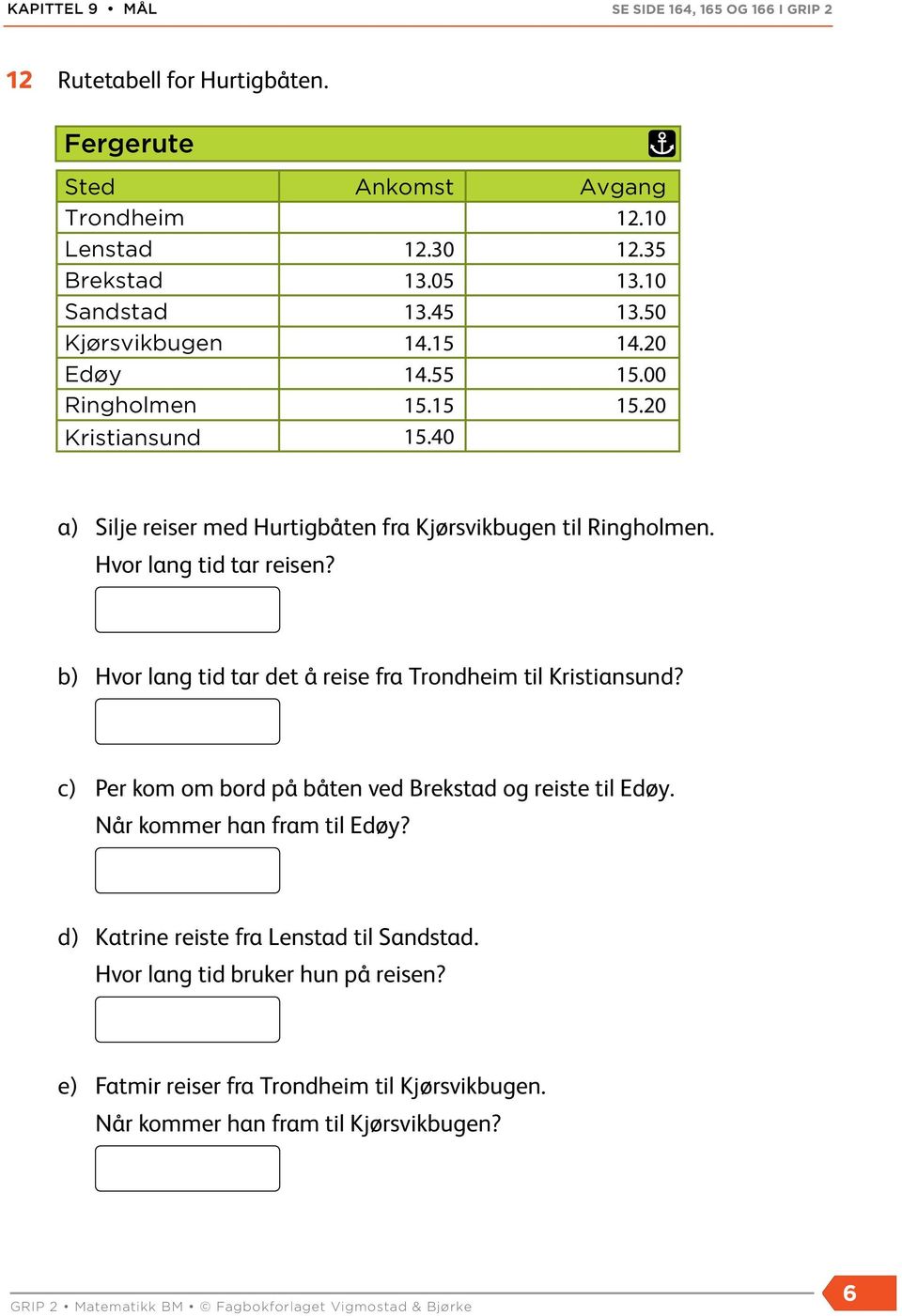 b) Hvor lang tid tar det å reise fra Trondheim til Kristiansund? c) Per kom om bord på båten ved Brekstad og reiste til Edøy. Når kommer han fram til Edøy?