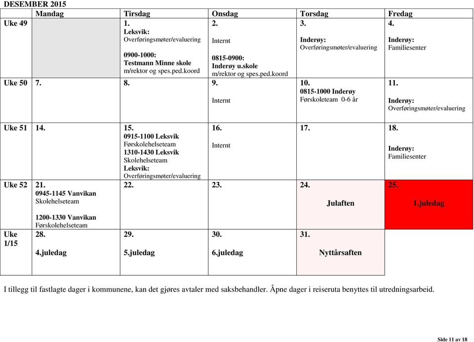 Leksvik: Overføringsmøter/evaluering 16. Uke 52 21. 22. 23. 24. Overføringsmøter/evaluering 10. 11. 17. 18.