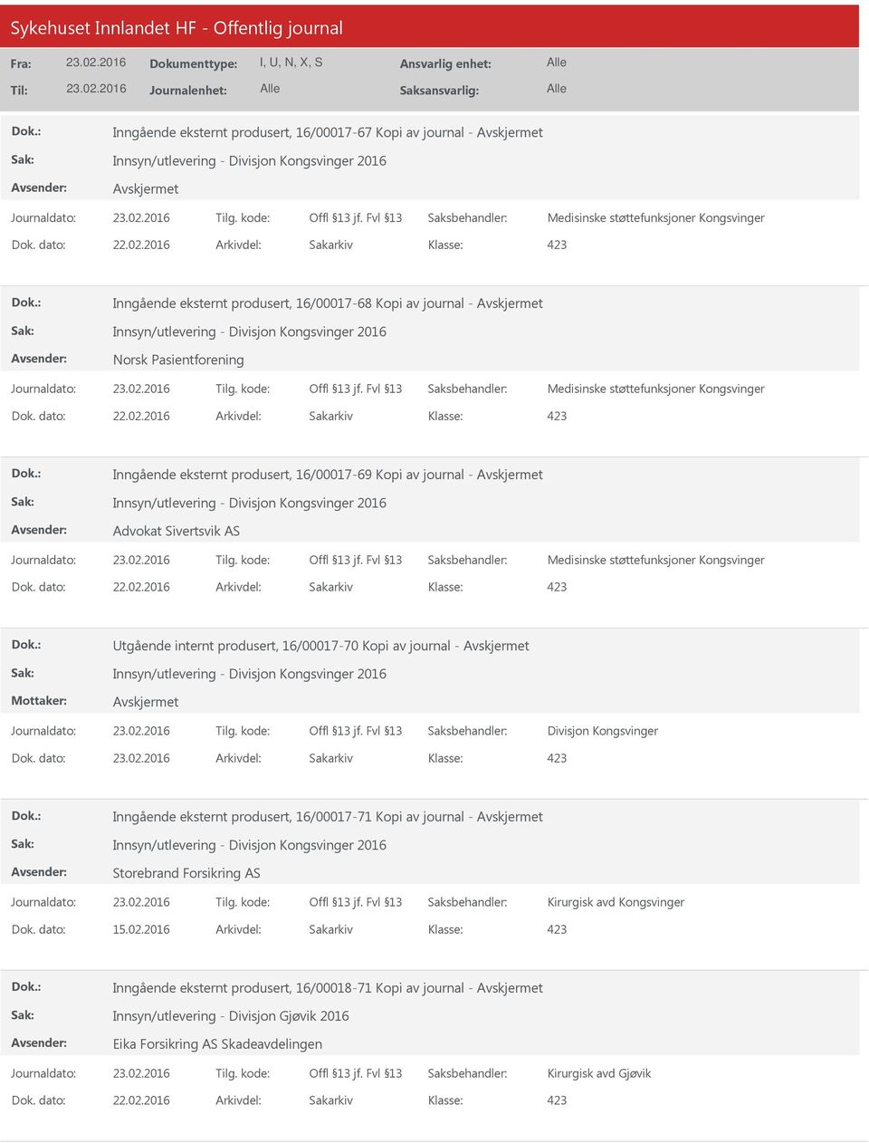 Divisjon Kongsvinger 2016 Advokat Sivertsvik AS Medisinske støttefunksjoner Kongsvinger tgående internt produsert, 16/00017-70 Kopi av journal - Innsyn/utlevering - Divisjon Kongsvinger 2016 Divisjon