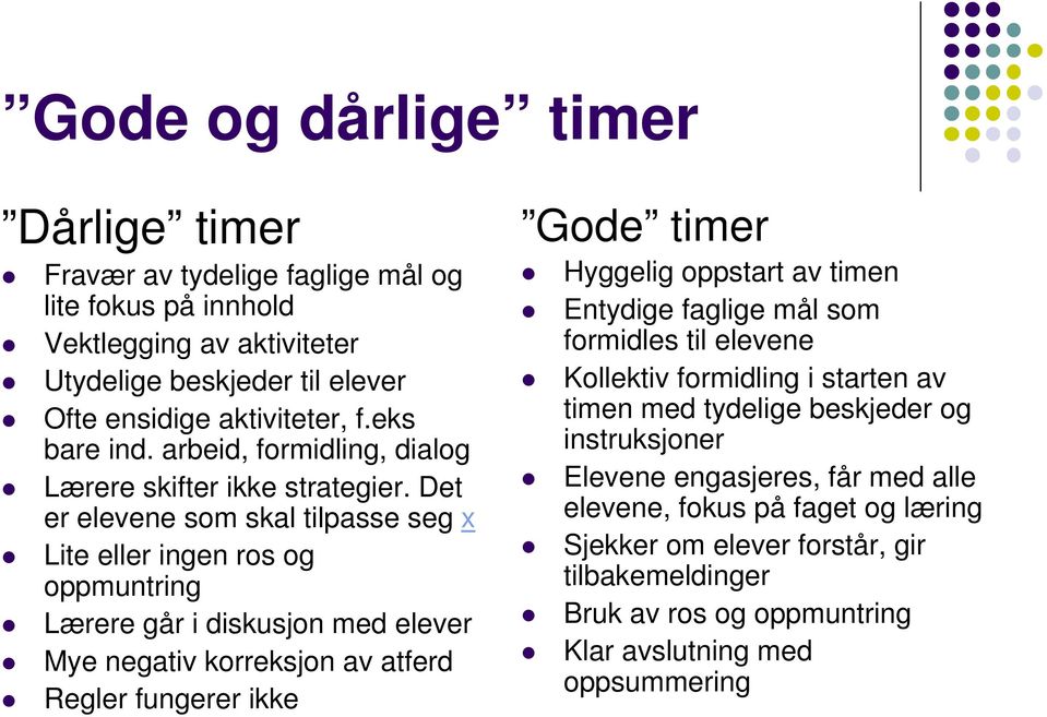 Det er elevene som skal tilpasse seg x Lite eller ingen ros og oppmuntring Lærere går i diskusjon med elever Mye negativ korreksjon av atferd Regler fungerer ikke Gode timer Hyggelig