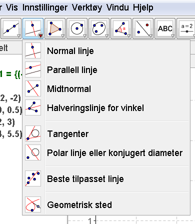 Klikk på Liste1 i algebrafeltet. Da blir linjen tegnet og likningen vises i algebrafeltet. Oppgave 16 Finn likningen for linja som går gjennom punktene (0, 5), (10,2), (20,9) og (30,16).