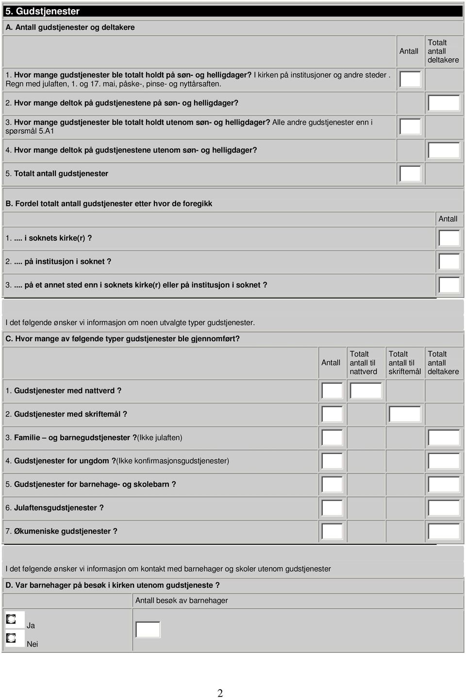 Hvor mange gudstjenester ble totalt holdt utenom søn- og helligdager? Alle andre gudstjenester enn i spørsmål 5.A1 4. Hvor mange deltok på gudstjenestene utenom søn- og helligdager? 5. Totalt antall gudstjenester B.