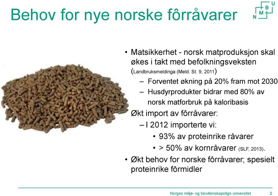 9, 2011) Forventet økning på 20% fram mot 2030 Husdyrprodukter bidrar med 80% av norsk matforbruk på kaloribasis Økt