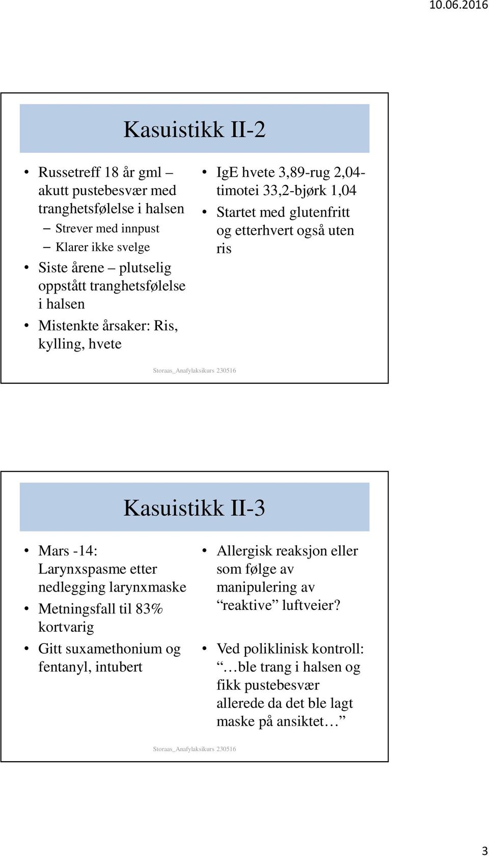 uten ris Kasuistikk II-3 Mars -14: Larynxspasme etter nedlegging larynxmaske Metningsfall til 83% kortvarig Gitt suxamethonium og fentanyl, intubert Allergisk