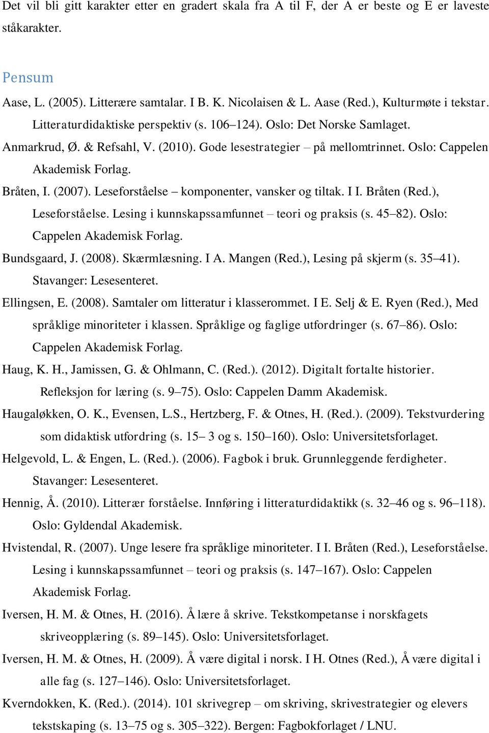 Oslo: Cappelen Akademisk Forlag. Bråten, I. (2007). Leseforståelse komponenter, vansker og tiltak. I I. Bråten (Red.), Leseforståelse. Lesing i kunnskapssamfunnet teori og praksis (s. 45 82).