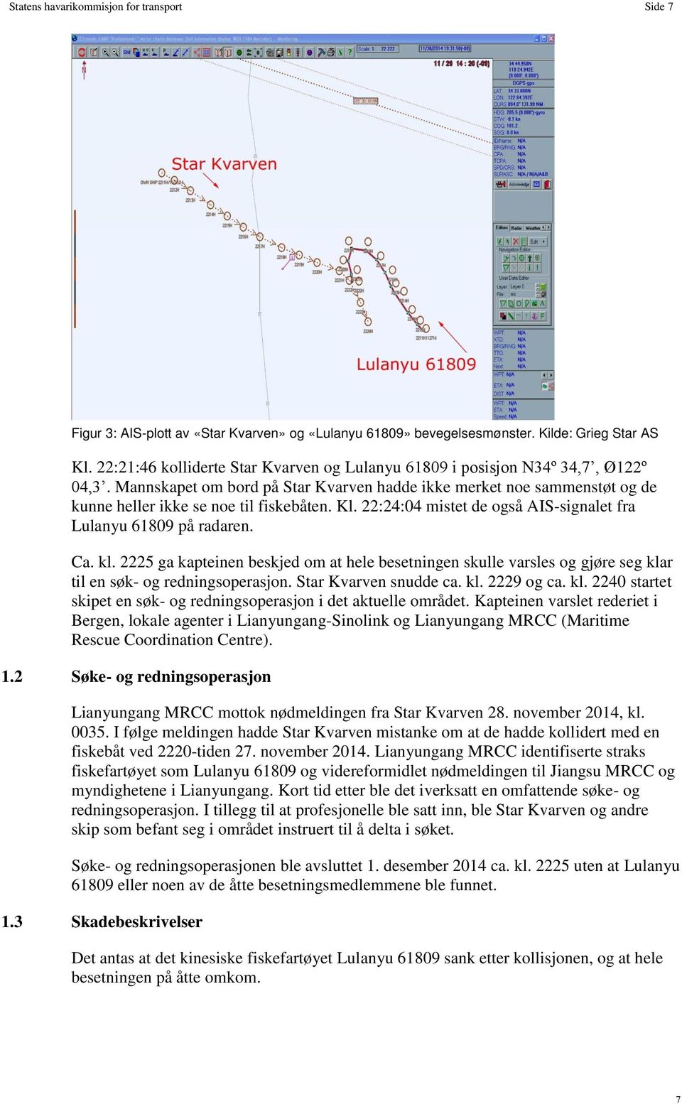 Kl. 22:24:04 mistet de også AIS-signalet fra Lulanyu 61809 på radaren. Ca. kl. 2225 ga kapteinen beskjed om at hele besetningen skulle varsles og gjøre seg klar til en søk- og redningsoperasjon.