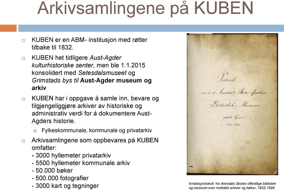 1.2015 konsolidert med Setesdalsmuseet og Grimstads bys til Aust-Agder museum og arkiv KUBEN har i oppgave å samle inn, bevare og tilgjengeliggjøre arkiver av historiske og