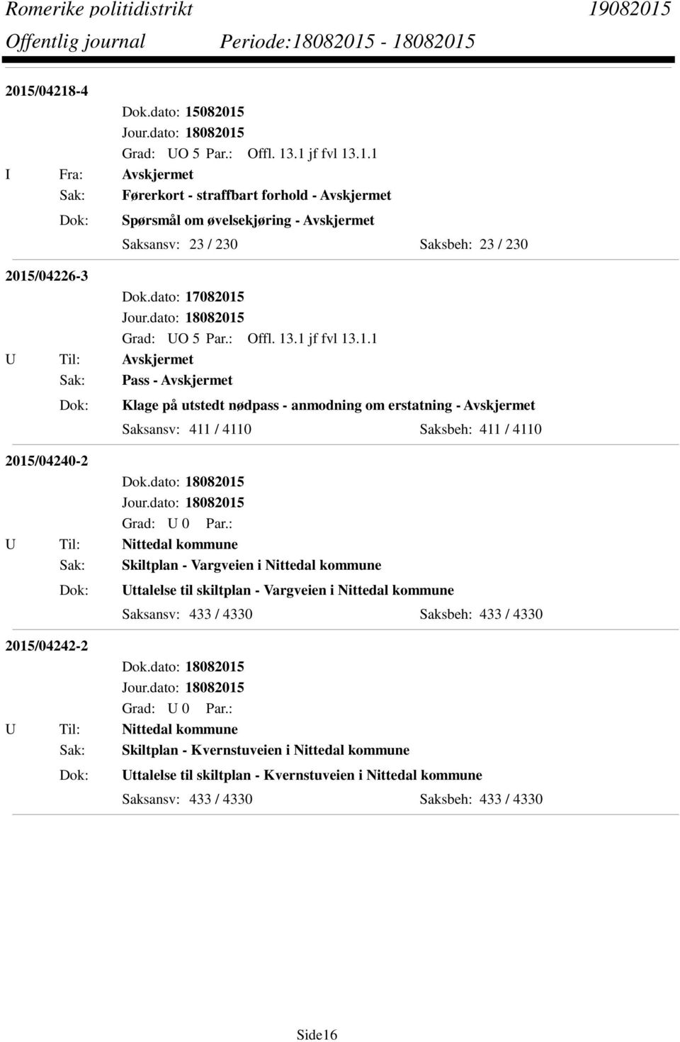 nødpass - anmodning om erstatning - Avskjermet Saksansv: 411 / 4110 Saksbeh: 411 / 4110 2015/04240-2 U Til: Nittedal kommune Sak: Skiltplan - Vargveien i