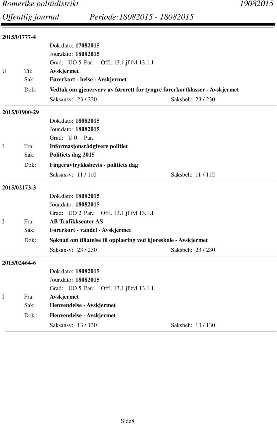 Saksbeh: 11 / 110 2015/02173-3 I Fra: AB Trafikksenter AS Sak: Førerkort - vandel - Avskjermet Søknad om tillatelse til opplæring