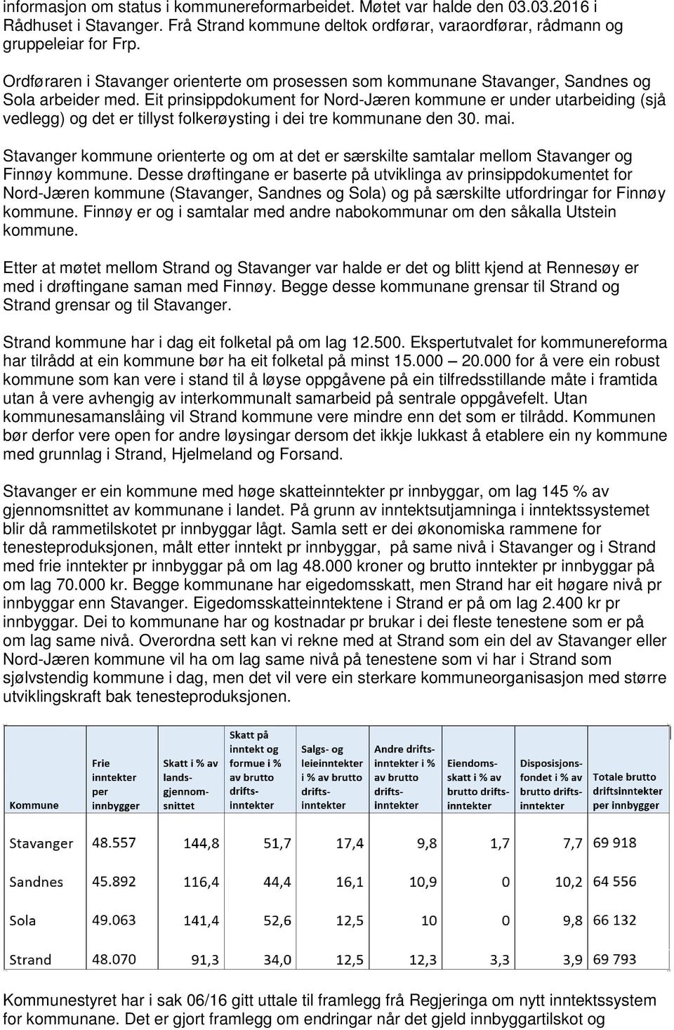 Eit prinsippdokument for Nord-Jæren kommune er under utarbeiding (sjå vedlegg) og det er tillyst folkerøysting i dei tre kommunane den 30. mai.