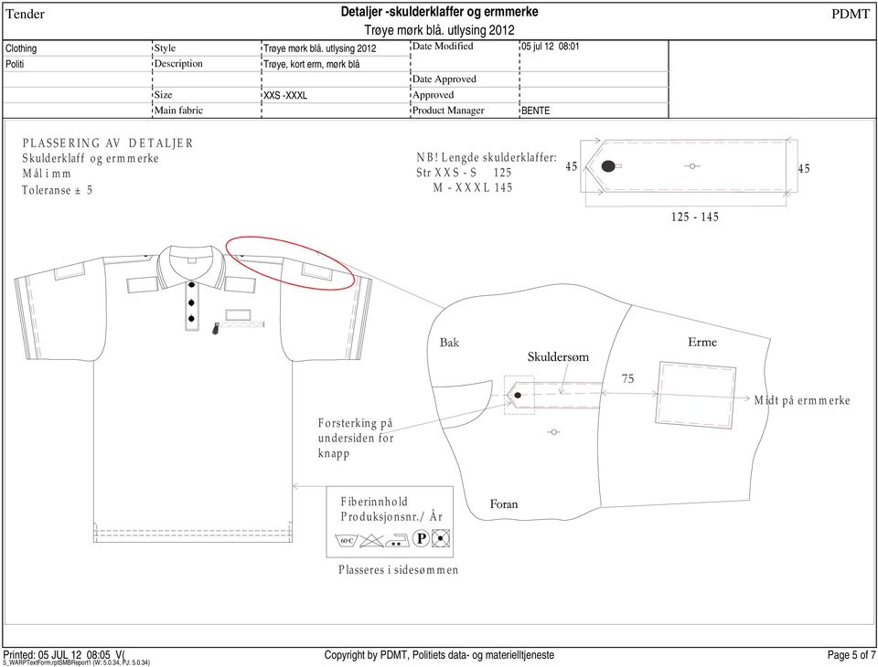 L engde skulderklaffer: Str X X S - S 125 M - X X X L 145 45 45 125-145 Forsterking på undersiden for knapp M