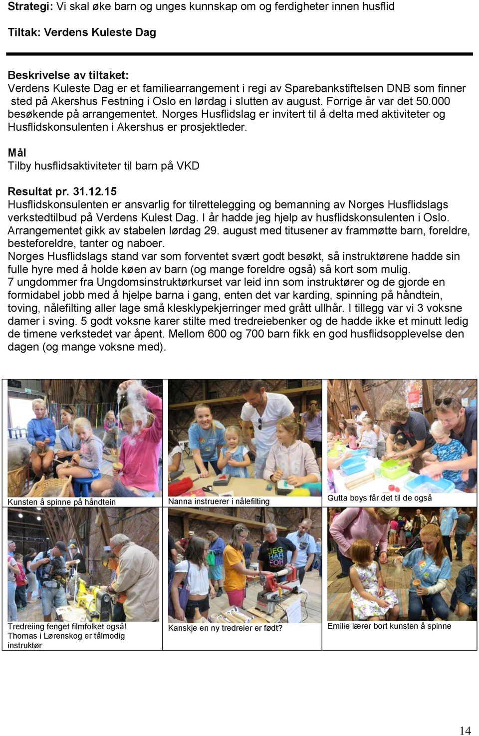 Norges Husflidslag er invitert til å delta med aktiviteter og Husflidskonsulenten i Akershus er prosjektleder. Mål Tilby husflidsaktiviteter til barn på VKD Resultat pr. 31.12.