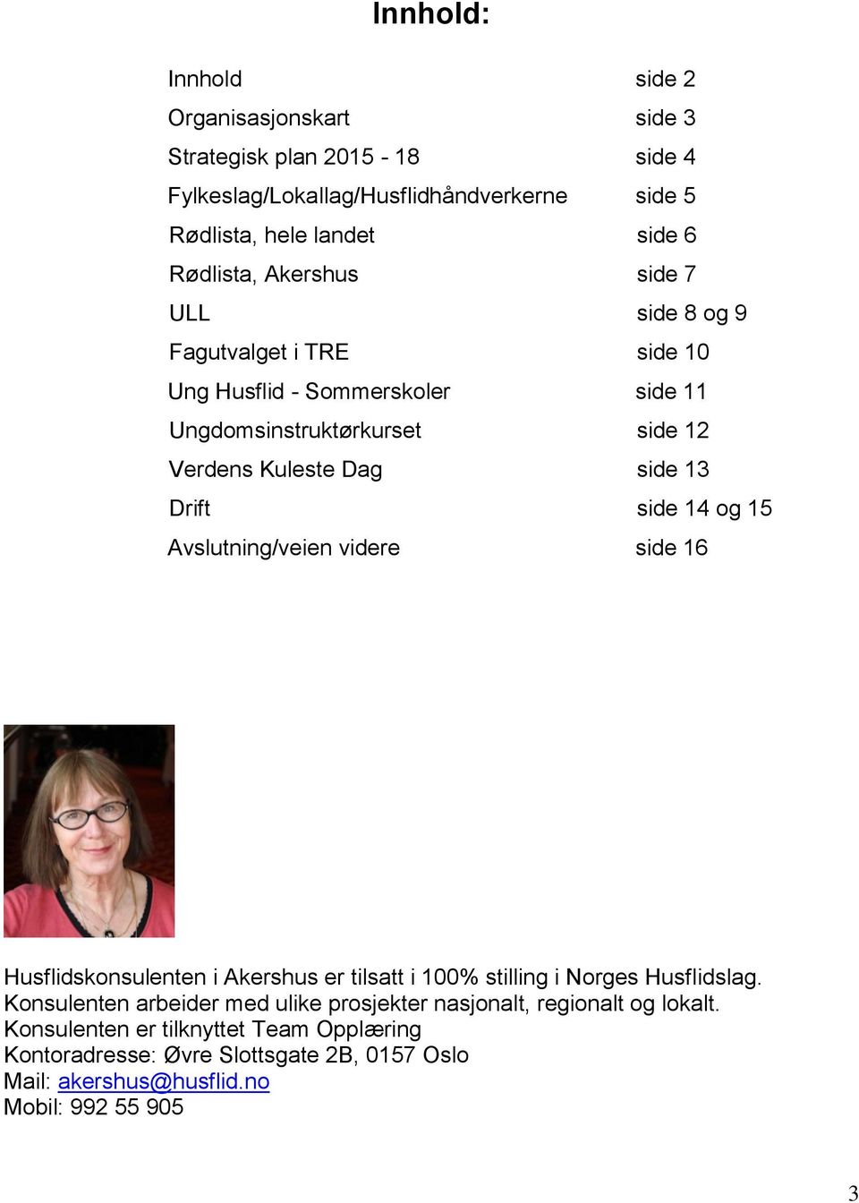 Drift side 14 og 15 Avslutning/veien videre side 16 Husflidskonsulenten i Akershus er tilsatt i 100% stilling i Norges Husflidslag.