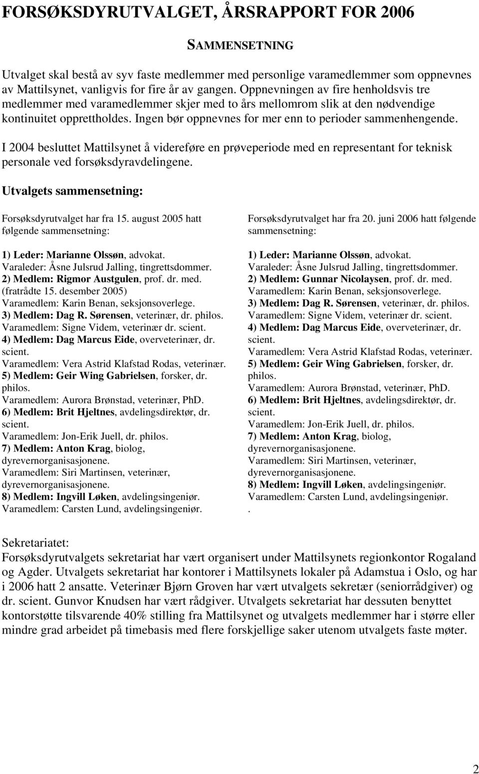 Ingen bør oppnevnes for mer enn to perioder sammenhengende. I 2004 besluttet Mattilsynet å videreføre en prøveperiode med en representant for teknisk personale ved forsøksdyravdelingene.