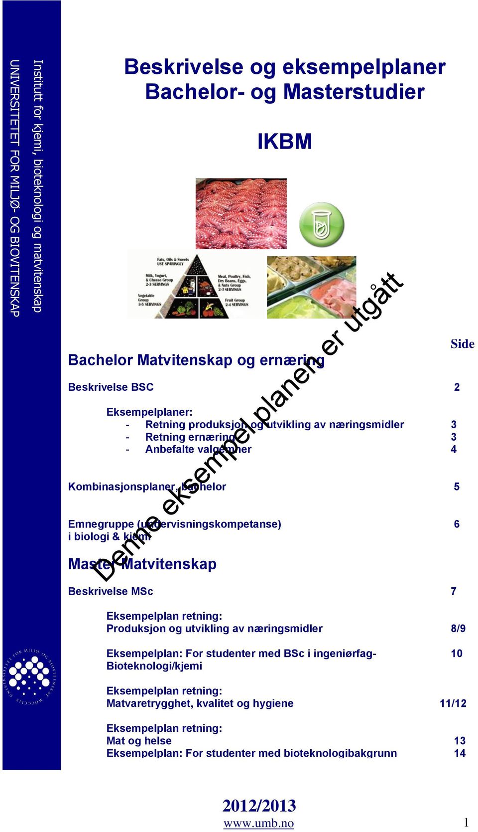 (undervisningskompetanse) 6 i biologi & kjemi Master Matvitenskap Beskrivelse MSc 7 Side Eksempelplan retning: Produksjon og utvikling av næringsmidler 8/9 Eksempelplan: For studenter med BSc