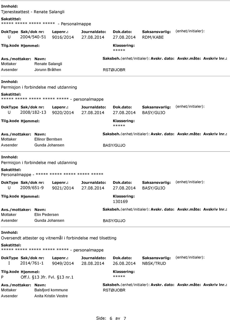 : Mottaker Ellinor Berntsen Gunda Johansen ermisjon i forbindelse med utdanning ersonalmappe - 2009/651-9 9021/2014 130169 Avs./mottaker: Navn: Saksbeh. Avskr. dato: Avskr.