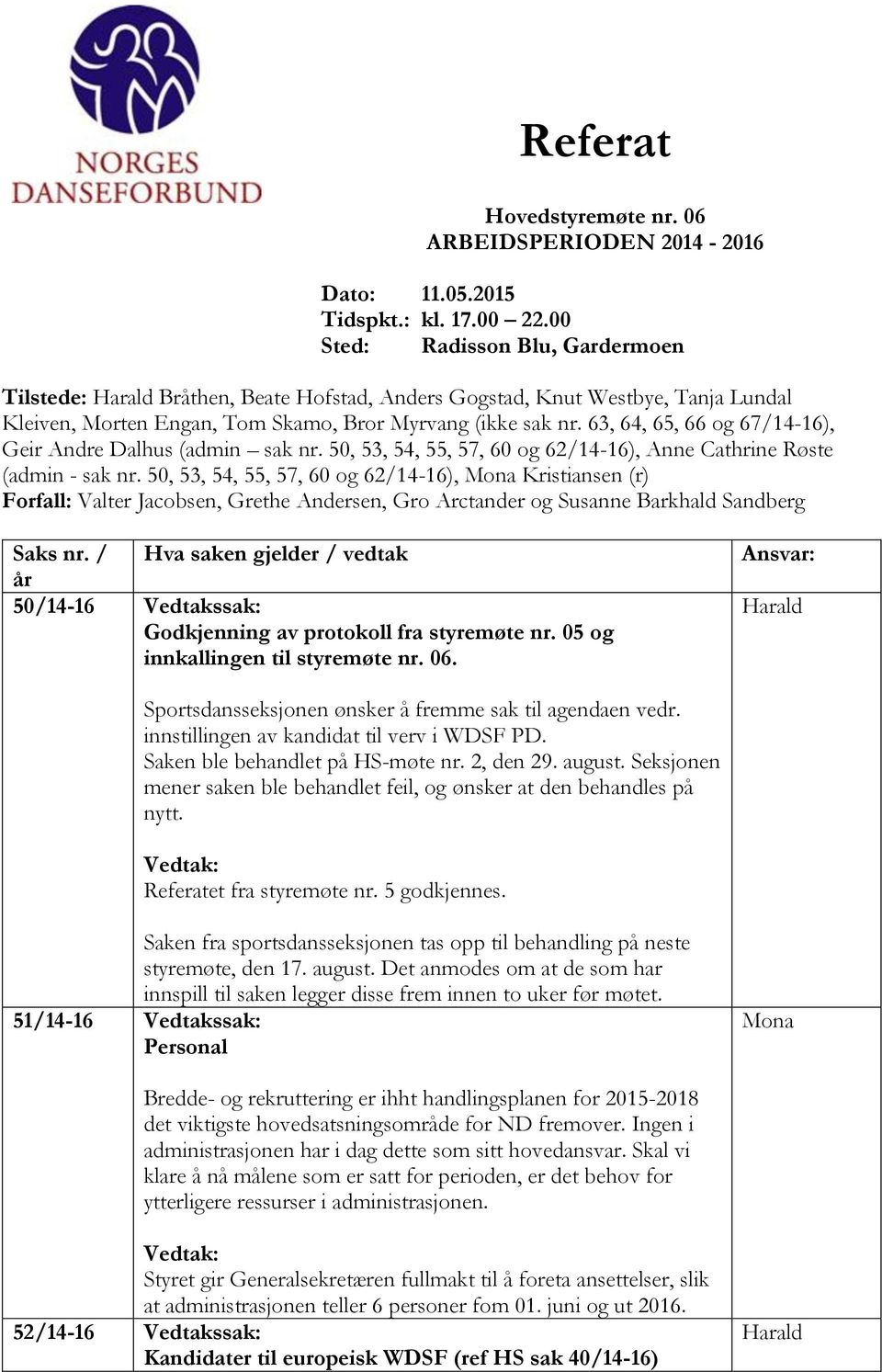 63, 64, 65, 66 og 67/14-16), Andre Dalhus (admin sak nr. 50, 53, 54, 55, 57, 60 og 62/14-16), Cathrine Røste (admin - sak nr.