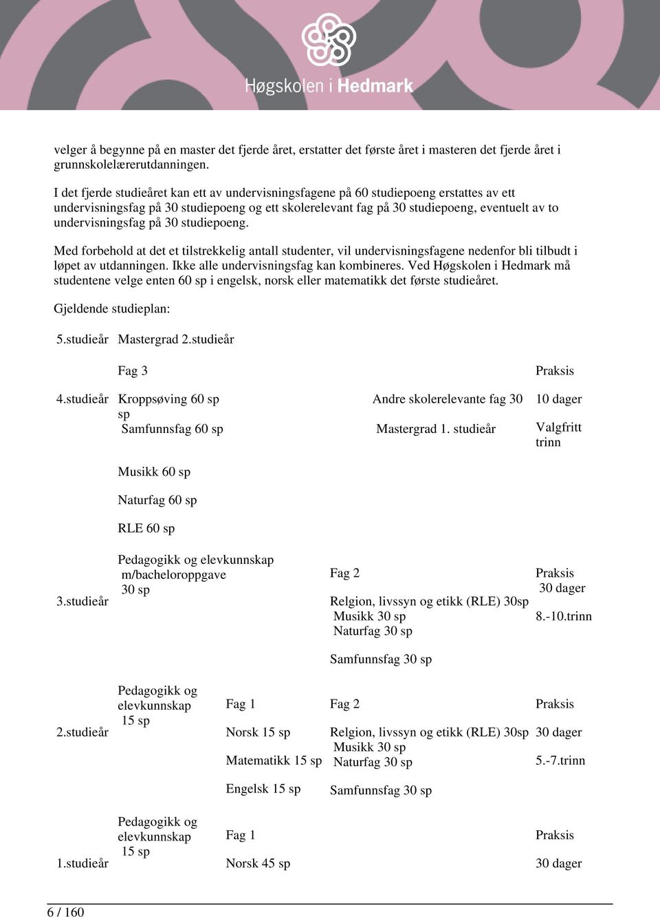 undervisningsfag på 30 studiepoeng. Med forbehold at det et tilstrekkelig antall studenter, vil undervisningsfagene nedenfor bli tilbudt i løpet av utdanningen.