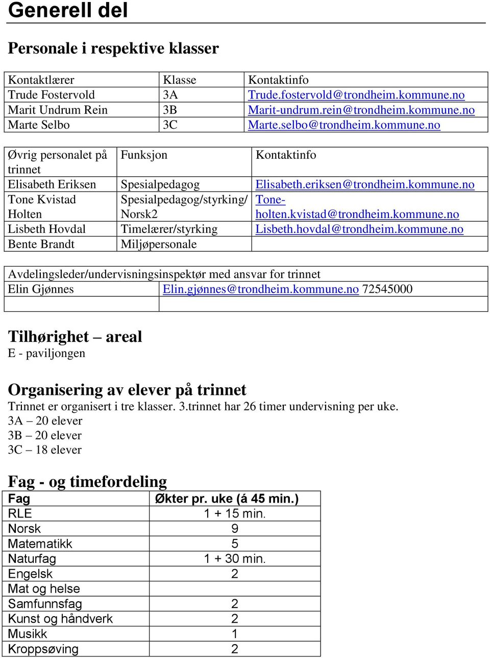 kvistad@trondheim.kommune.no Holten Norsk2 Lisbeth Hovdal Timelærer/styrking Lisbeth.hovdal@trondheim.kommune.no Bente Brandt Miljøpersonale Avdelingsleder/undervisningsinspektør med ansvar for trinnet Elin Gjønnes Elin.