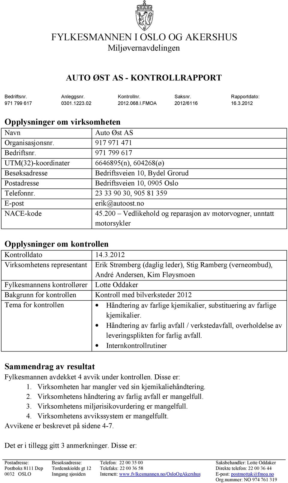 23 33 90 30, 905 81 359 E-post erik@autoost.no NACE-kode 45.200 Vedlikehold og reparasjon av motorvogner, unntatt motorsykler Opplysninger om kontrollen Kontrolldato 14.3.2012 Virksomhetens