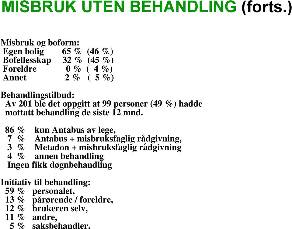 201 ble det oppgitt at 99 personer (49 %) hadde mottatt behandling de siste 12 mnd.