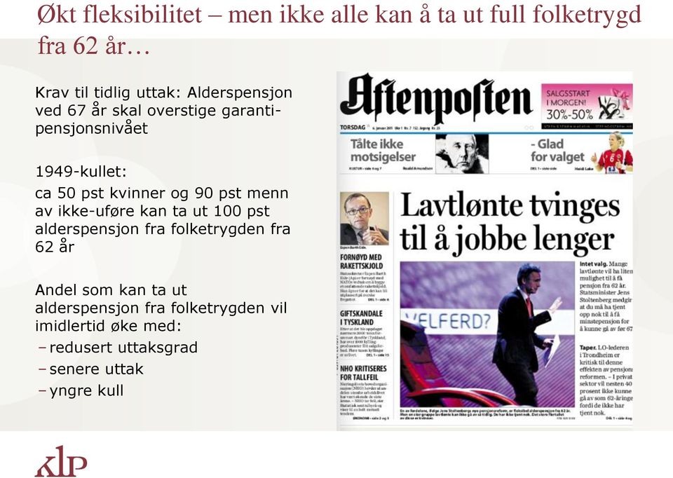 pst menn av ikke-uføre kan ta ut 100 pst alderspensjon fra folketrygden fra 62 år Andel som kan