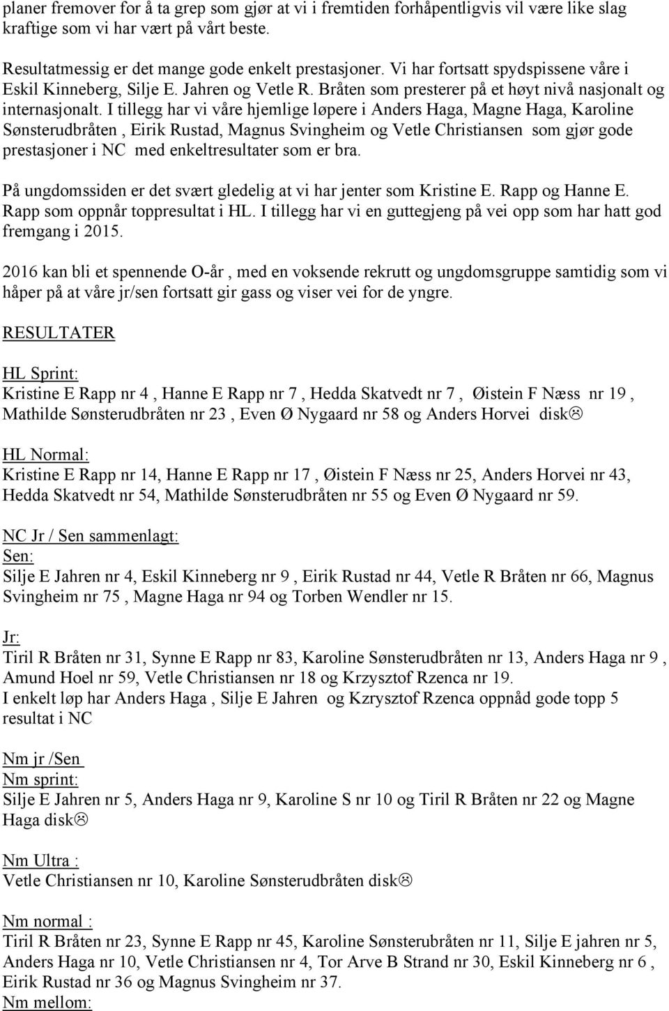 I tillegg har vi våre hjemlige løpere i Anders Haga, Magne Haga, Karoline Sønsterudbråten, Eirik Rustad, Magnus Svingheim og Vetle Christiansen som gjør gode prestasjoner i NC med enkeltresultater