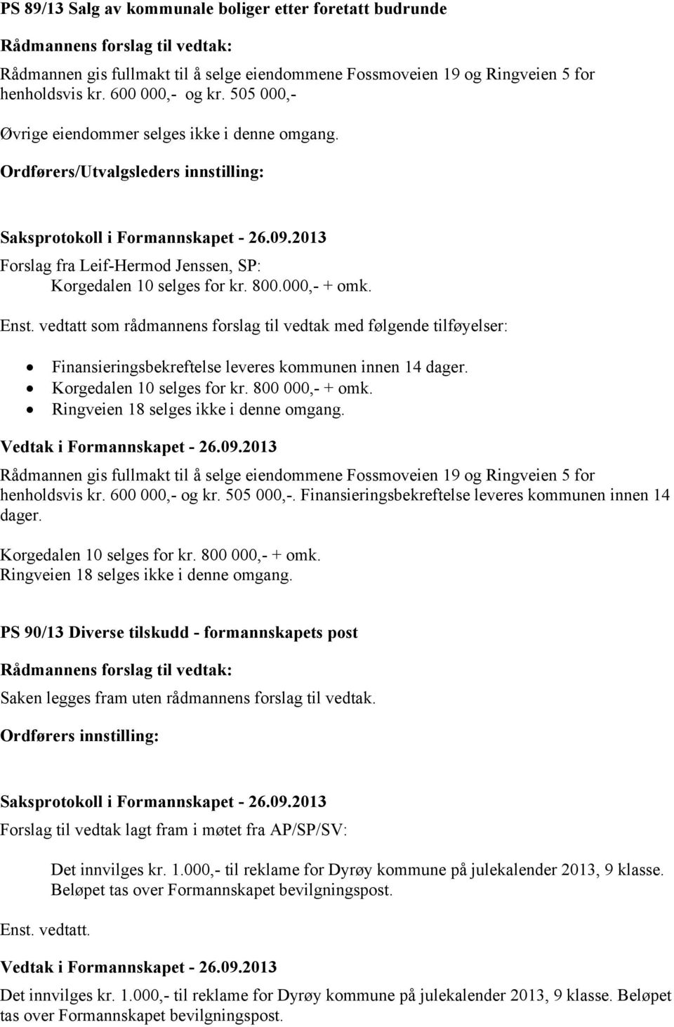 vedtatt som rådmannens forslag til vedtak med følgende tilføyelser: Finansieringsbekreftelse leveres kommunen innen 14 dager. Korgedalen 10 selges for kr. 800 000,- + omk.