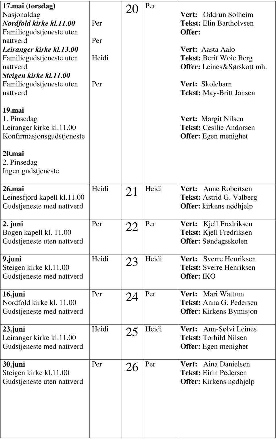 Vert: Skolebarn May-Britt Jansen Vert: Margit Nilsen Cesilie Andorsen Egen menighet 26.mai 2. juni Bogen kapell kl. 11.00 Gudstjeneste uten 9.juni 16.juni 23.juni 30.